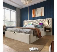Chambre Complète - Lit Double 160x200 cm avec Rangement Hydraulique, Tête de Lit Éclairée avec USB, 2 Tables de Chevet, Beige