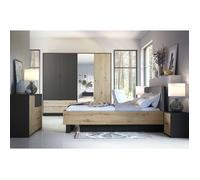 Chambre complète MELODY - Lit coffre 180x200 + armoire + commode + chevets - Noir graphite et chêne clair - Matelas non inclus
