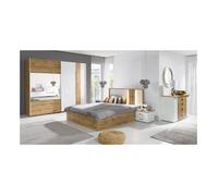 Chambre complète WOOD avec lit 160 x 200 cm LED, armoire, commode et chevets - Chêne et blanc