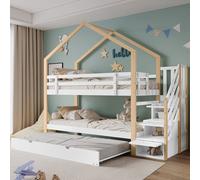 Chambre d'enfant lit superposé avec design de cabane, lits coulissants & extensibles, 4 tiroirs, capacité de charge 100kg, dimensions 90x200cm & 90x190cm, 255x94.5x224.5cm