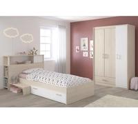 Chambre Enfant Complète PARISOT CHARLEMAGNE, Lit 90x190 cm avec Tiroir Réversible, Armoire 3 Portes, Acacia Clair et Blanc