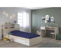 Chambre Enfant Complète Parisot Charlemagne, Lit 90x190 cm, Bureau 1 Tiroir, Acacia Clair et Blanc, Tête de Lit Réversible