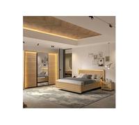 Chambre lit 140x200cm avec éclairage led + 2 chevets + armoire aspect bois et noir - LUDY -