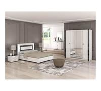 AltoBuy GAÏA - Chambre Lit 160x200 cm + Chevets + Commode + Armoire Laquée Blanc avec Décor Noir