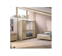 Chambre lit 160x200cm + tête de lit avec chevet et leds + armoire aspect bois et noir - NIKITA -