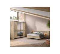 Chambre lit 180x200cm + tête de lit avec chevet et leds + armoire aspect bois et noir - NIKITA -