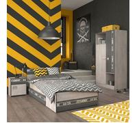 Chambre lit 90x200 avec tiroirs + 1 chevet + 1 armoire aspect bois grisé - ZIGGY