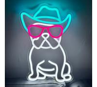 Chapeau de cowboy bouledogue français, lunettes de soleil occidentales cool chien, décoration murale, alimentation USB, lumière néon à intensité variable pour bar, pub, salle de jeux, chambre à