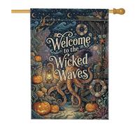 Chapeau de sorcière avec citation d'Halloween en forme de pieuvre méchante | Chapeau de sorcière, pieuvre, drapeau de cour, décoration de citrouilles côtières, lanterne nautique, thème océan foncé