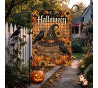Chapeau de sorcière d'Halloween avec citation de corbeau et tournesol 30,5 | Tournesols d'automne, drapeau de cour, corbeaux noirs, balle de foin rustique, thème récolte, décoration de porche