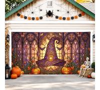 Chapeau de sorcière gothique en verre teinté pour porte de garage Halloween | Design en vitrail, drapeau de porte de garage, esthétique gothique, feuilles d'automne, décoration de maison hantée