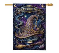 Chapeau de sorcière mystique avec citation fantaisie Halloween 71 x 101 cm | Thème sorcellerie, drapeau de cour, motifs de lune céleste, style gothique fantaisie, œuvre d'art chaudron