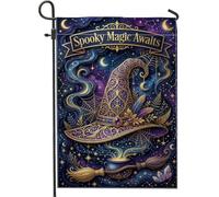 Chapeau de sorcière mystique avec citation fantaisie Halloween Drapeau de | Thème sorcellerie, drapeau de cour, motifs de lune céleste, style gothique fantaisie, œuvre d'art chaudron