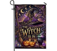 Chapeau de sorcière pour jardin, citrouilles mystiques fantaisistes, balai, Halloween, violet, toile de jute, drapeaux décoratifs double face pour extérieur, terrasse, pelouse, porche, balcon, 30,5 x