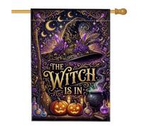 Chapeau de sorcière pour maison, citrouilles mystiques fantaisistes, balai, Halloween, violet, double face en toile de jute pour extérieur, terrasse, cour, pelouse, entrée, balcon, 71 x 101 cm
