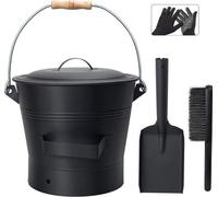 Charbon pour cheminées ouvertes, seaux à charbon ronds avec couvercle, seaux de 10 litres avec pelle et balayette, kit d'outils et accessoires pour cheminées ouvertes, cheminée, poêle à bois