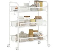 HOMCOM Chariot de Rangement 3 Niveaux Paniers Amovibles 45x26,5x63cm Blanc | Desserte à Roulettes, 4 Crochets, Cadre en Acier, Chariot de Cuisine, Salle de Bain, Salon, Espace Étroit