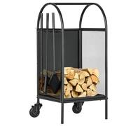 Outsunny Chariot à bois de chauffage – Range-bûches métal 37,5×37,5×80 cm Noir roues et accessoires
