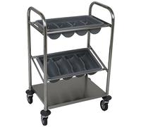 Chariot à couverts en acier inoxydable – 2 compartiments à couverts – Etagère inférieure pour ranger assiettes, tasses et verres – 4 roulettes (2 freinées) – Modèle INES