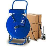Chariot à enrouleur 406 mm | 1 pièce, sangle de cerclage en PET et en PP | Mobile, avec boîte de rangement pour les fixations métalliques et les tendeurs de sangle | Pour diamètres de mandrin de 200,