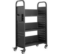 Chariot à livres à roulettes à 3 niveaux, étagères en L simple face, chariot à livres noir