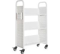 Chariot à livres à roulettes à 3 niveaux, étagères en V simple face, couleur blanche