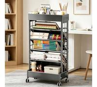 Chariot à livres à roulettes à 6 niveaux, étagère inclinée, grand fond ouvert, organiseur de papier pour livres et magazines