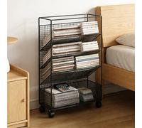 Chariot à livres à roulettes fin à 5 niveaux avec roulettes, étagère mobile de grande capacité pour ranger des livres, magazines, journaux, étagère de rangement en métal