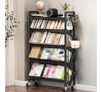 Chariot à livres roulants avec roulettes, étagère de rangement à 5 couches avec crochet amovible, chariot de bibliothèque pour livres, magazines, organiseur mobile pour la maison et le bureau