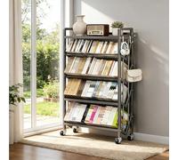 Chariot à livres roulants avec roulettes, étagère de rangement à 5 couches | Chariot à livres à 5 couches avec crochet amovible pour un rangement pratique des livres, des magazines, etc
