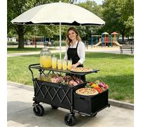 Chariot à Nourriture de Rue Chariot à Glaces Pliable en Bois Pour Commerces, Stand de Vente Pliable Restauration de Rue Portables pour Hot-dogs, Cafés, Bonbons Et Gâteaux black