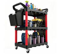 HOMCOM Chariot d'Atelier à 3 Niveaux pour Garage 95x43x96cm Noir et Rouge | Desserte Atelier, Chariot à Outil, Panneaux Perforés, Crochets, Seau à Outils, Poignées, Entrepôt