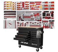 Chariot à outils RETTER R23 comprenant 372 outils, des inserts en aluminium, un plateau en bois, une visseuse à chocs sans fil 12 V et une liquet sans fil