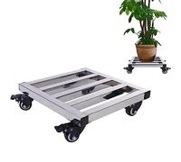 Chariot à plantes robuste en acier inoxydable avec roulettes pour grands pots carrés en métal de 40 cm. Couleur argentée. Support en fer durable pour plantes, facile à déplacer et à présenter dans l