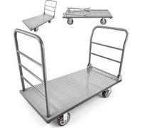 Chariot à plate-forme SucceBuy pliable 1202 kg, chariot de transport pour charges lourdes avec garde-corps amovible et roues pivotantes, chariot industriel pour supermarchés, garages et entrepôts, 122