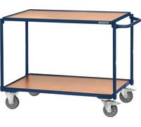 Chariot à plateaux, 2 plateaux, L 850 x l 500 mm, bleu saphir, RAL 5003, charge max. 300 kg, poignées de poussée horizontales