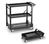 Chariot a Roulettes 3 en 1 WORKPRO, Chariot Servante d'Atelier Pliable avec Poignee Laterale, 3 Niveaux de Rangement, Chariot de Service Mobile pour Garage, Atelier, Cuisine, Bureau, Entrepot, Hotel