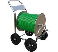 Chariot à tuyau Relaxdays, jusqu'à 200 m, enrouleur de tuyau mobile, dimensions H x L x P : 100 x 73 x 57 cm, dérouleur de tuyau, acier inoxydable, argent