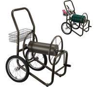 Chariot à tuyau Relaxdays, jusqu'à 90 m de tuyau, raccord à clic, 2 roues pneumatiques, panier pour accessoires, enrouleur de tuyau en métal, marron