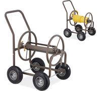 Chariot à tuyau Relaxdays, pour tuyau jusqu'à 60 m, 4 roues pneumatiques, raccord à clic, enrouleur métallique, dérouleur de tuyau, marron