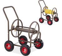 Chariot à tuyau Relaxdays, pour tuyau jusqu'à 60 m, 4 roues pneumatiques, raccord à clic, enrouleur métallique, dérouleur de tuyau, marron