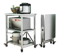 Chariot Acier Inoxydable 3 Étages Pliable Mobile, 60X45X80CM | Service Desserte Cuisine, Avec Roulettes, Rangement Étagères, Pour Restaurant Hôpital Train