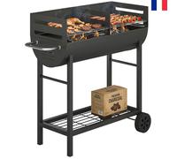 Chariot barbecue au charbon de bois avec 2 zones de cuisson,grille réglable en hauteur,étagère en bois,roulettes, poignée latérale