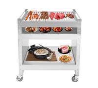 Chariot Barbecue Inox, Desserte Cuisine Extérieure avec 4 Roues Pivotantes | able Roulante Réglable Hauteur 18 à 60cm, Charge Max 30kg, Meuble Grill Moderne pour Jardin Terrasse Camping, Argenté