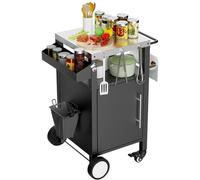 Chariot barbecue, table barbecue avec espace de rangement, chariot bar à roulettes, chariot barbecue avec crochets et étagère à épices pour les accessoires de barbecue, noir