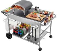 Chariot barbecue - Table barbecue roulante Chariot de service - Plateau 92,5 x 59,5 x 2,5 cm - 4 pots à épices avec couvercles - Roulettes - Crochets - Table de préparation barbecue