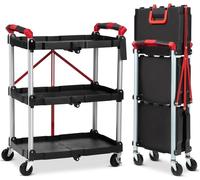 Chariot - Chariot de service/d'atelier pliable à 3 niveaux - Capacité de charge de 76 kg - Roulettes à frein - Plastique - Noir