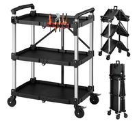 Chariot d'atelier / Chariot de service - Chariot roulant pliable - 3 niveaux - Capacité de charge de 136 kg - 4 roulettes avec frein de stationnement - Plastique ABS - Pour garage, entrepôt, atelier -