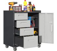Chariot d'atelier en métal noir/gris 75 x 42 x 88 cm - Armoire à outils mobile avec 4 tiroirs, 1 compartiment verrouillable et une étagère surélevée pour le garage