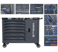 Chariot d'atelier RETTER RS7 402 pièces - Chariot à outils à 7 tiroirs avec plan de travail en acier inoxydable, compartiment de porte et tiroirs à sortie totale